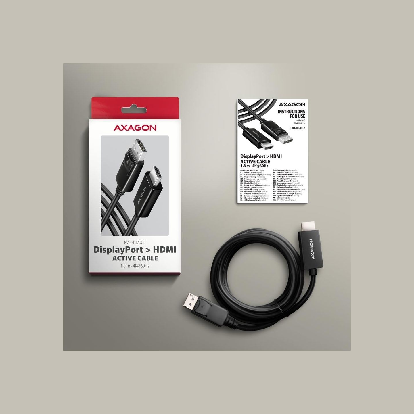Axagon RVD-HI20C2 DisplayPort - HDMI 2.0 cable 1.8m 4K/60Hz