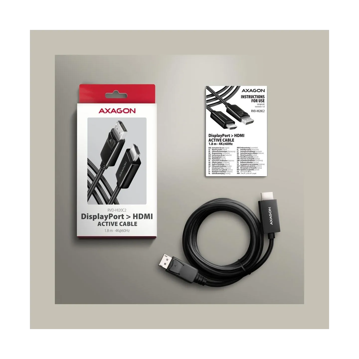 Axagon RVD-HI20C2 DisplayPort - HDMI 2.0 cable 1.8m 4K/60Hz