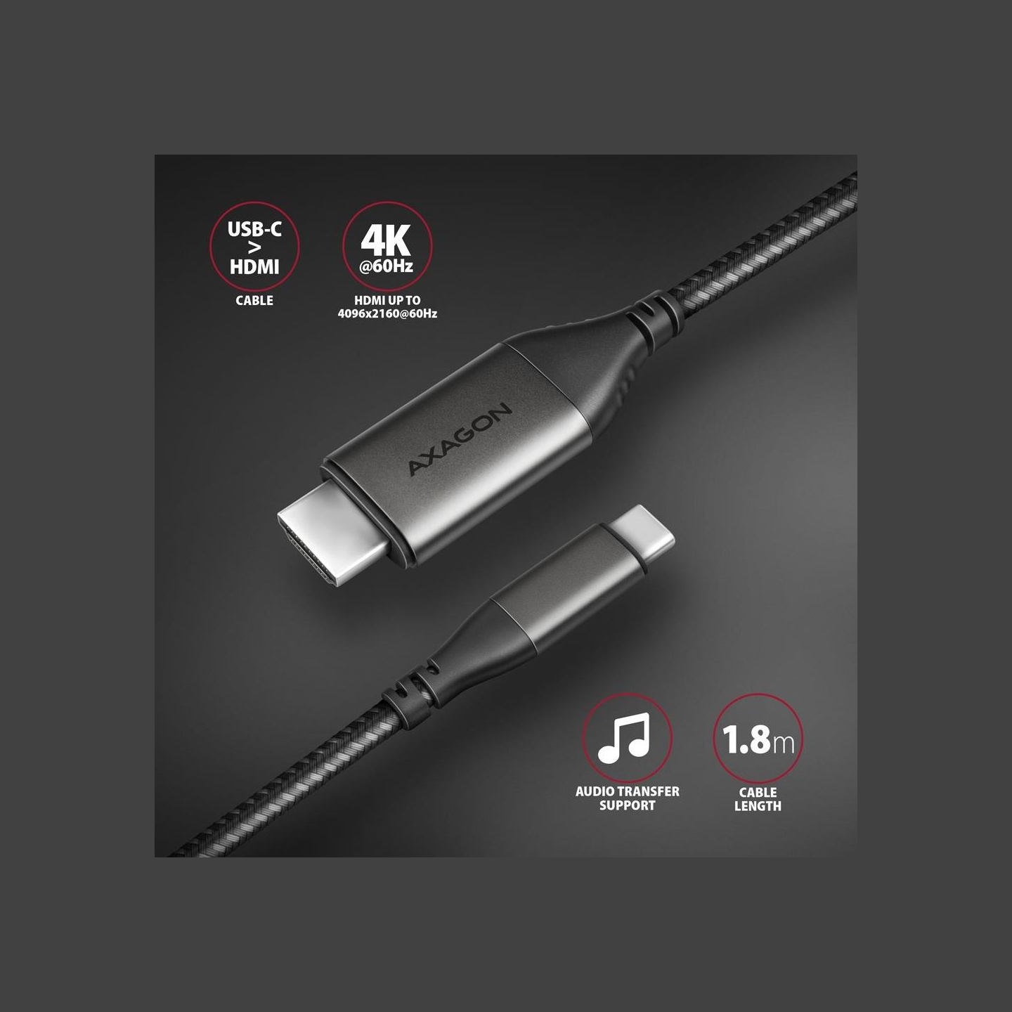 Axagon RVC-HI2MC USB-C -> HDMI 2.0 adapter 4K/60Hz Aluminum, 1,8m cable
