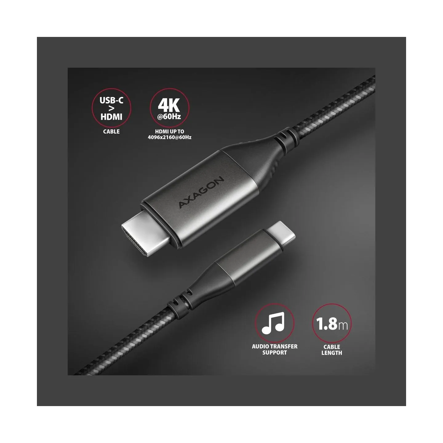 Axagon RVC-HI2MC USB-C -> HDMI 2.0 adapter 4K/60Hz Aluminum, 1,8m cable