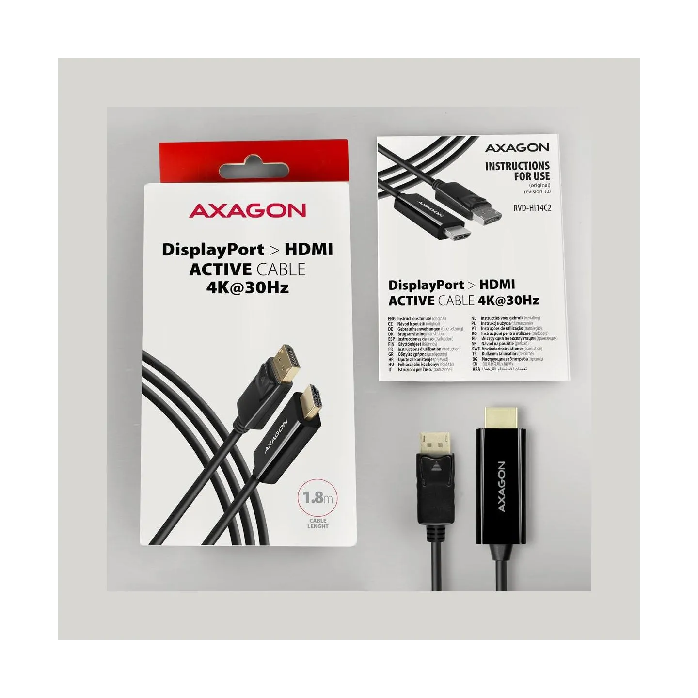 Axagon RVD-HI14C2 DisplayPort > HDMI 1.4 cable 1.8m 4K/30Hz