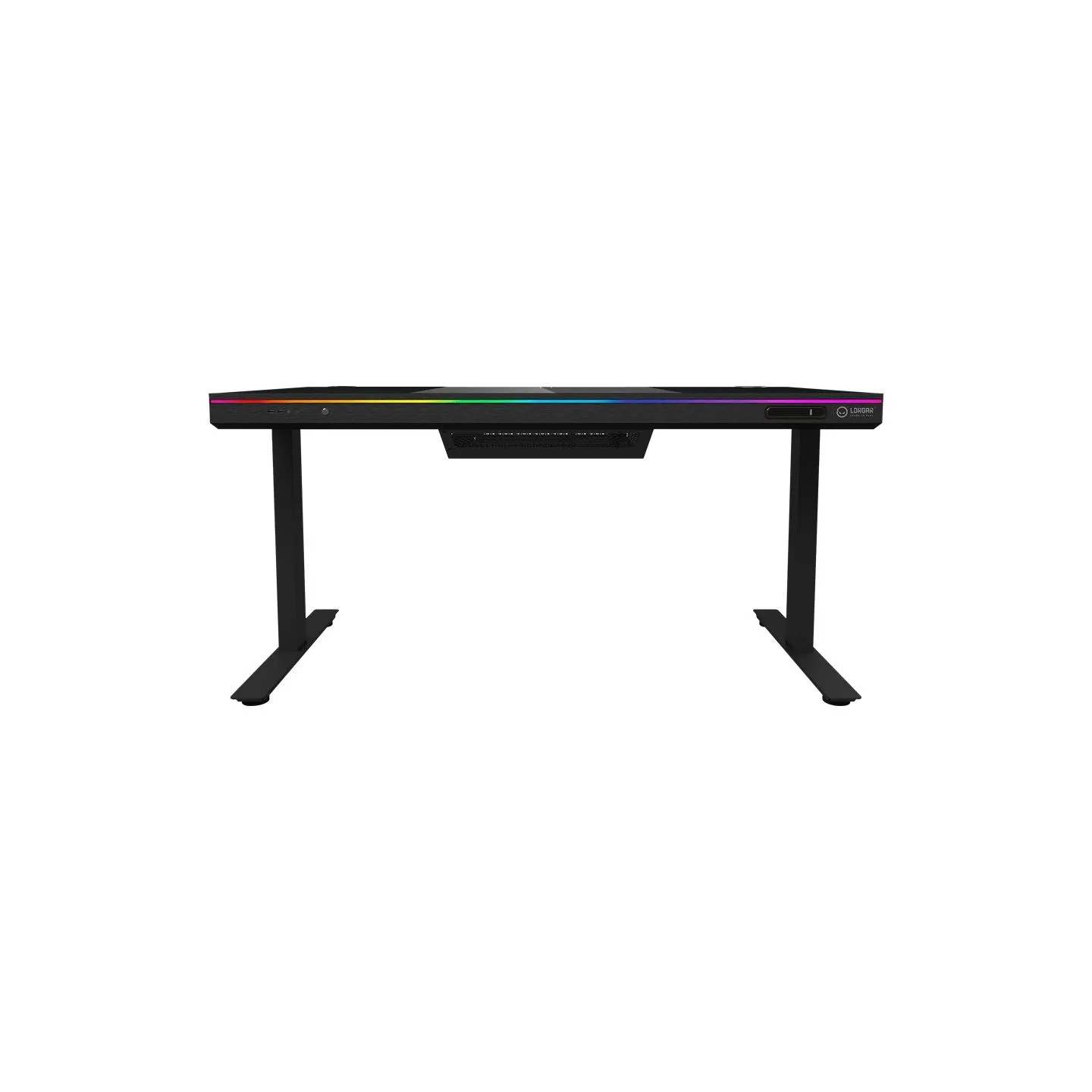 Lorgar Dual-motor sit/stand adjustable-height gaming desk with built-in PC case, wireless charger, RGB lighting, control panel, 