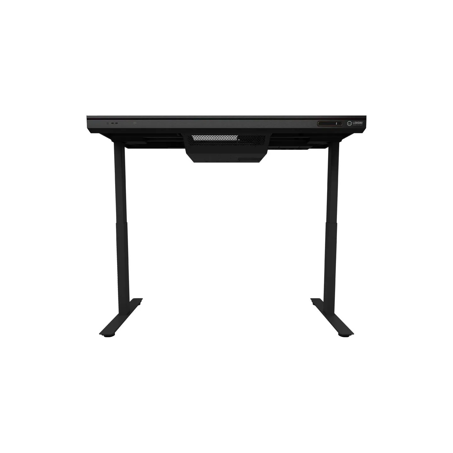 Lorgar Dual-motor sit/stand adjustable-height gaming desk with built-in PC case, wireless charger, RGB lighting, control panel, 
