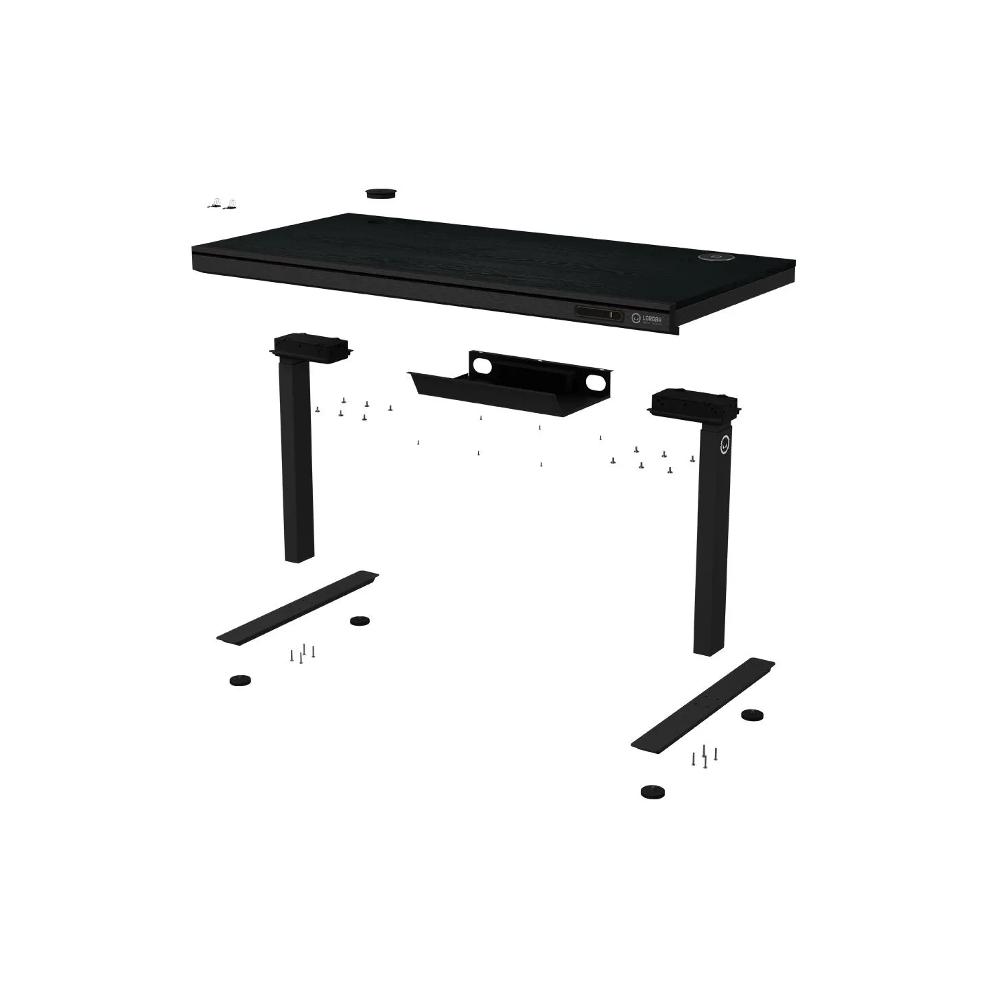 Lorgar Dual-motor sit/stand adjustable-height gaming desk with wireless charger, RGB lighting, control panel, and USB ports, PB 