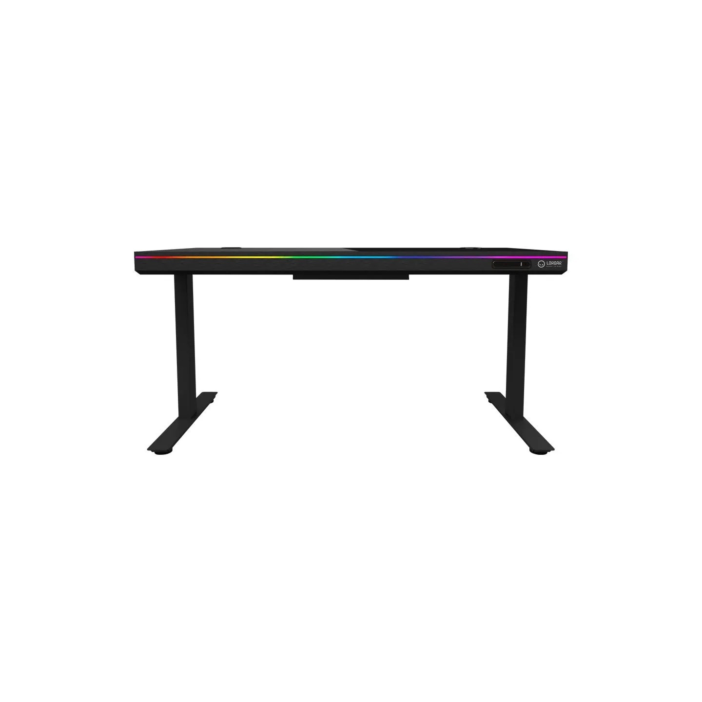 Lorgar Dual-motor sit/stand adjustable-height gaming desk with wireless charger, RGB lighting, control panel, and USB ports, sol