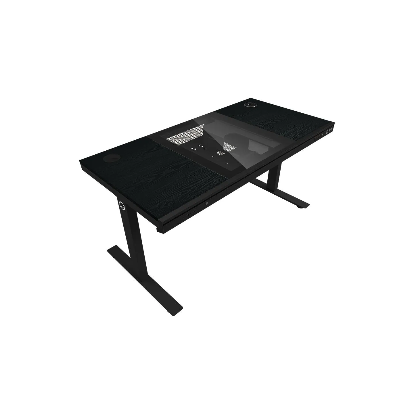 Lorgar Dual-motor sit/stand adjustable-height gaming desk with built-in PC case, wireless charger, RGB lighting, control panel, 