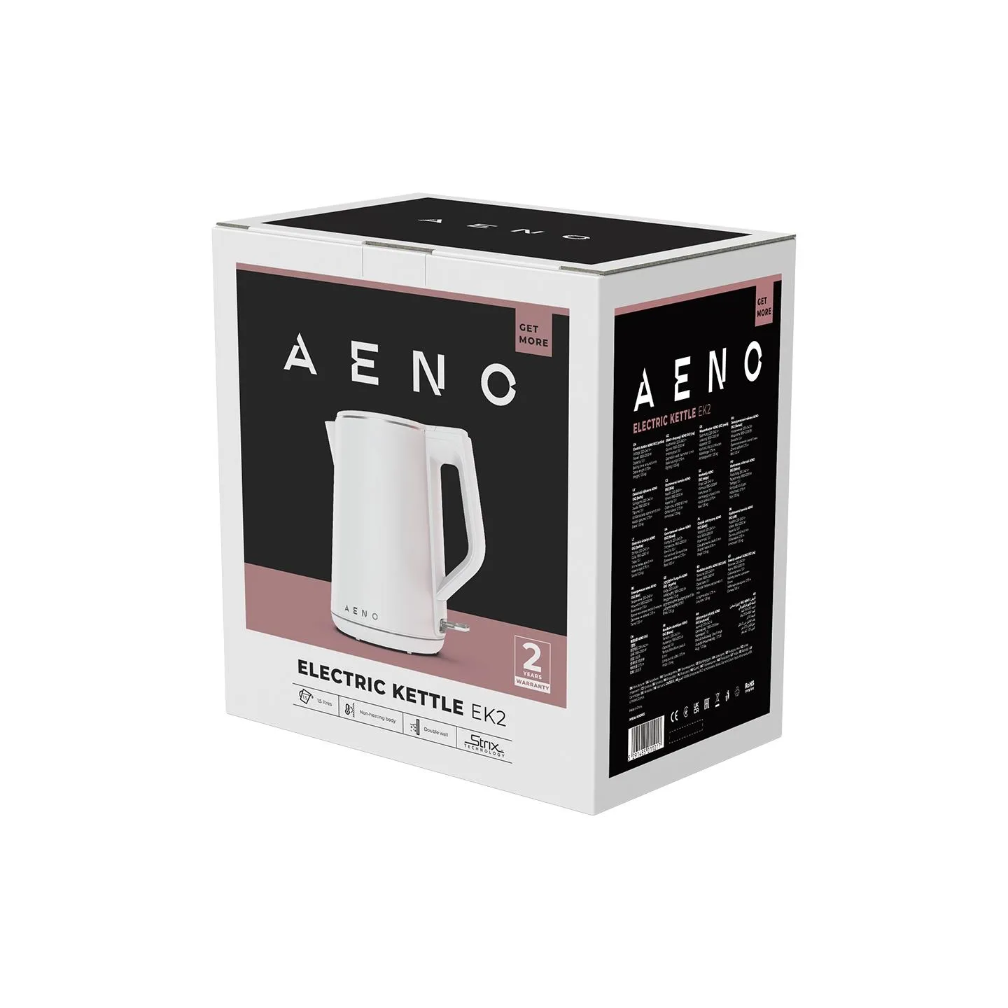 Aeno Electric Kettle EK2: 1850-2200W, 1.5L, Strix, Double-walls, Non-heating body, Auto Power Off, Dry tank Protection
