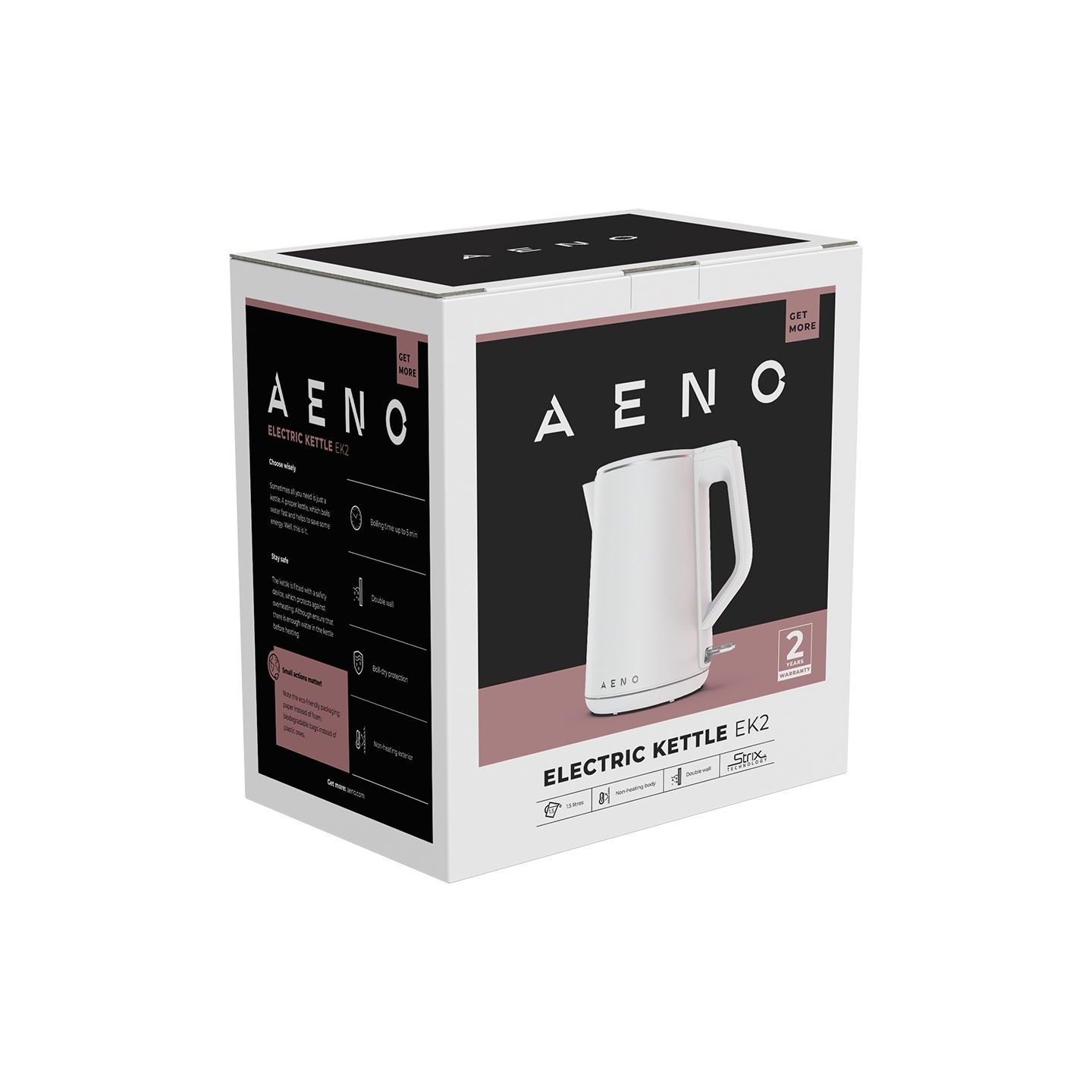 Aeno Electric Kettle EK2: 1850-2200W, 1.5L, Strix, Double-walls, Non-heating body, Auto Power Off, Dry tank Protection