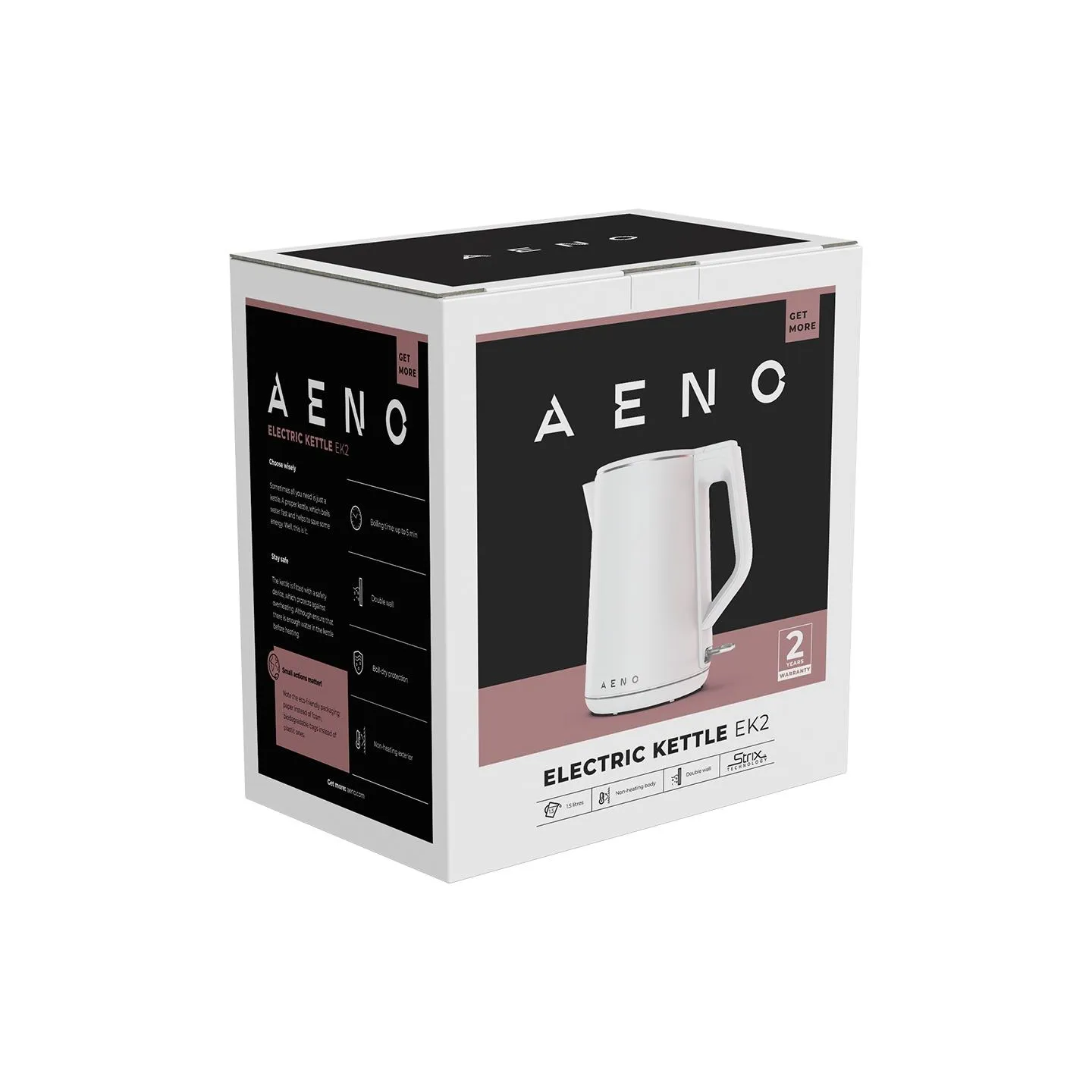 Aeno Electric Kettle EK2: 1850-2200W, 1.5L, Strix, Double-walls, Non-heating body, Auto Power Off, Dry tank Protection