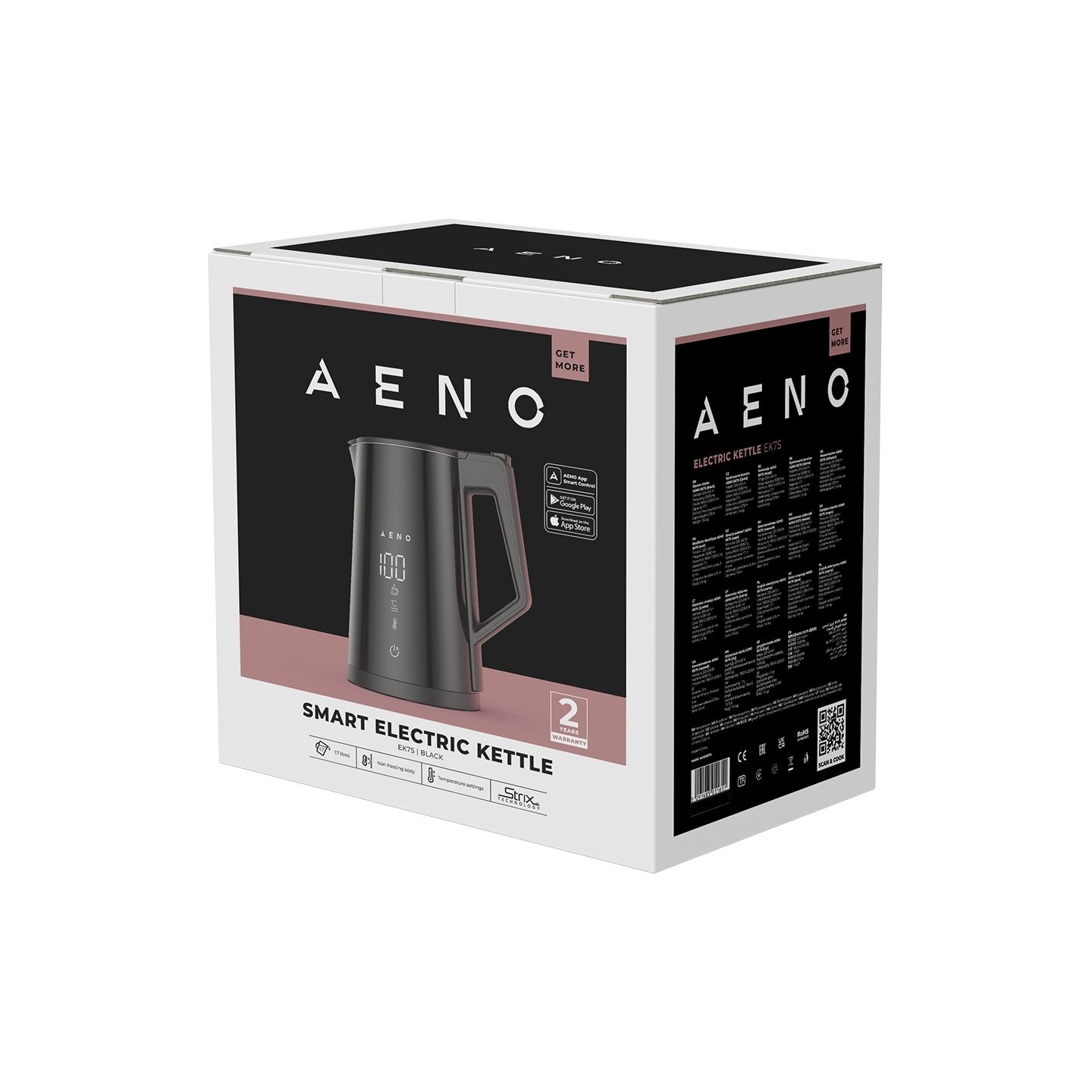 Aeno Electric Kettle EK7S Smart: 1850-2200W, 1.7L, Strix, Double-walls, Temperature Control, Keep warm Function, Control via Wi-