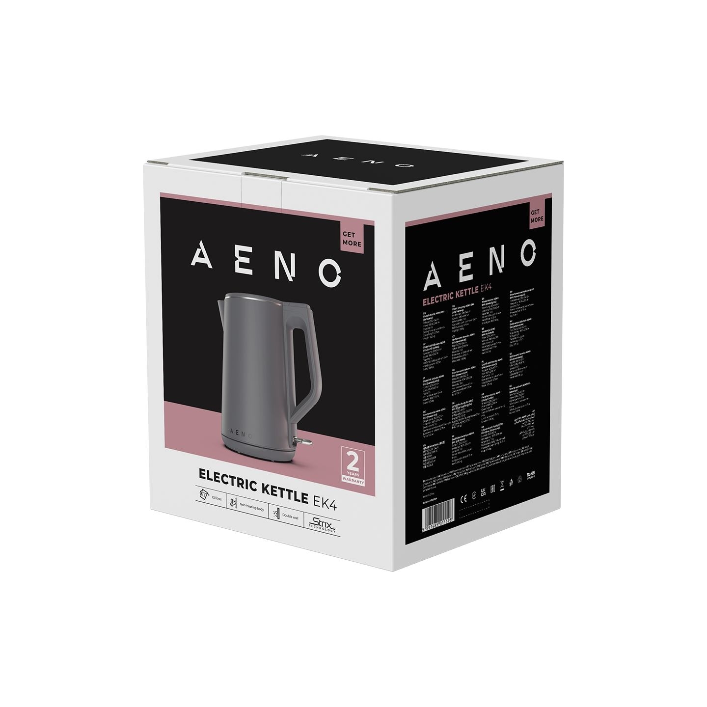 Aeno Electric Kettle EK4: 1850-2200W, 1.5L, Strix, Double-walls, Non-heating body, Auto Power Off, Dry tank Protection