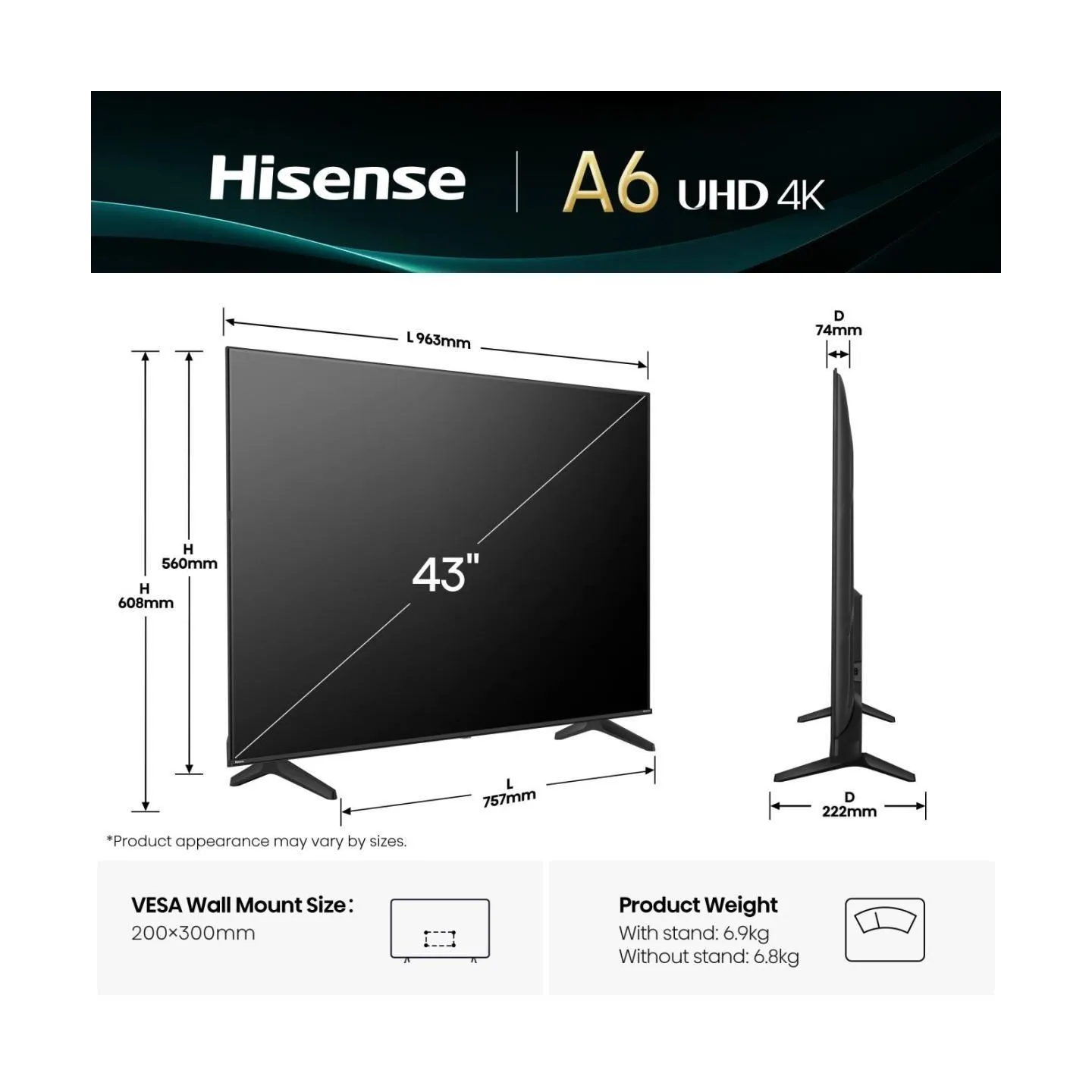 Hisense UHD Smart TV | 43A6Q | 43" | Smart TV | VIDAA OS | UHD | Black