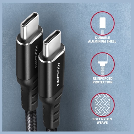 Axagon Data and charging USB 2.0 cable length 2 m. PD 60W, 3A. Black braided.