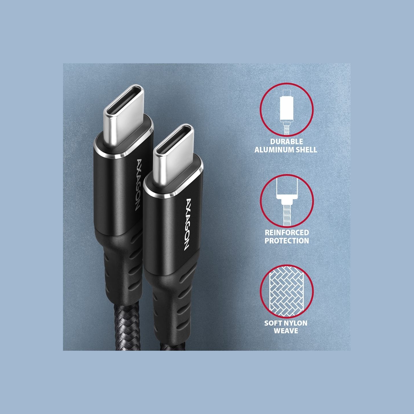 Axagon Data and charging USB 2.0 cable length 2 m. PD 60W, 3A. Black braided.