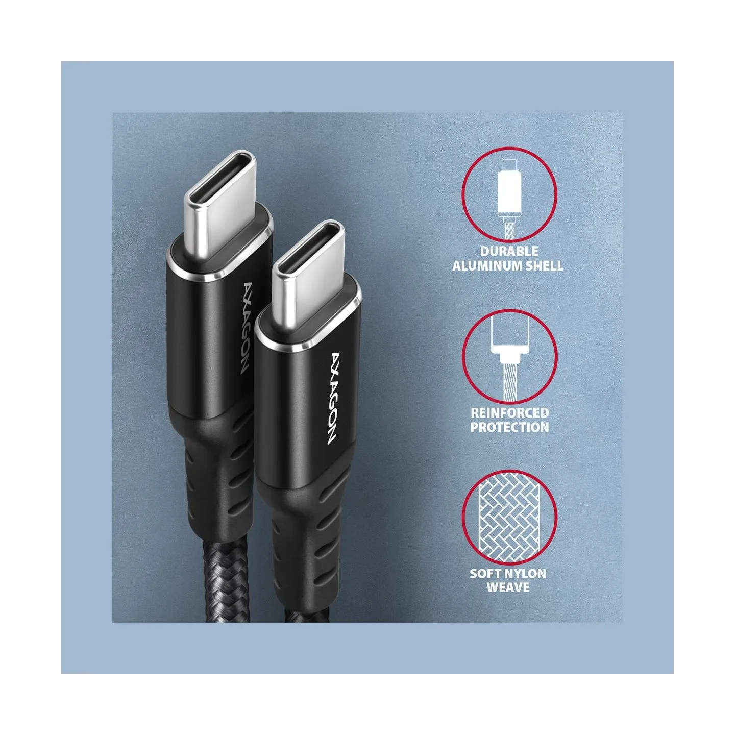 Axagon Data and charging USB 2.0 cable length 2 m. PD 60W, 3A. Black braided.