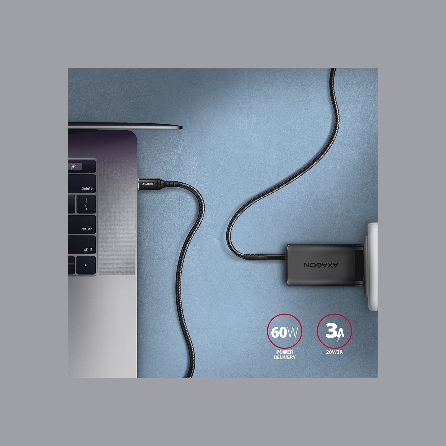 Axagon Data and charging USB 2.0 cable length 2 m. PD 60W, 3A. Black braided.