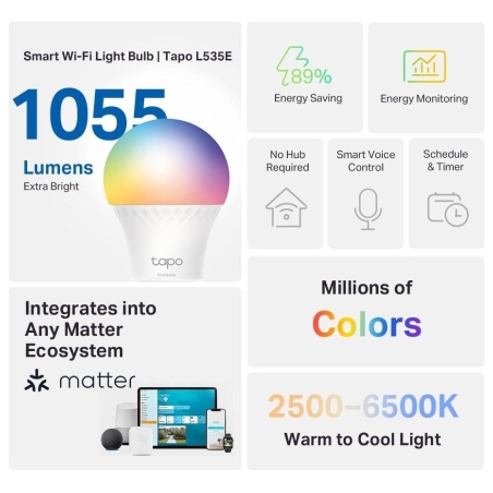 Tp-Link Smart Light Bulb|TP-LINK|Power consumption 8.6 Watts|Luminous flux 1055 Lumen|6500 K|240V|Beam angle 220 degrees|TAPOL53