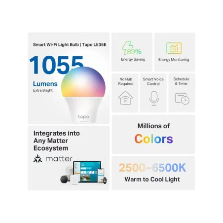 Tp-Link Smart Light Bulb|TP-LINK|Power consumption 8.6 Watts|Luminous flux 1055 Lumen|6500 K|240V|Beam angle 220 degrees|TAPOL53