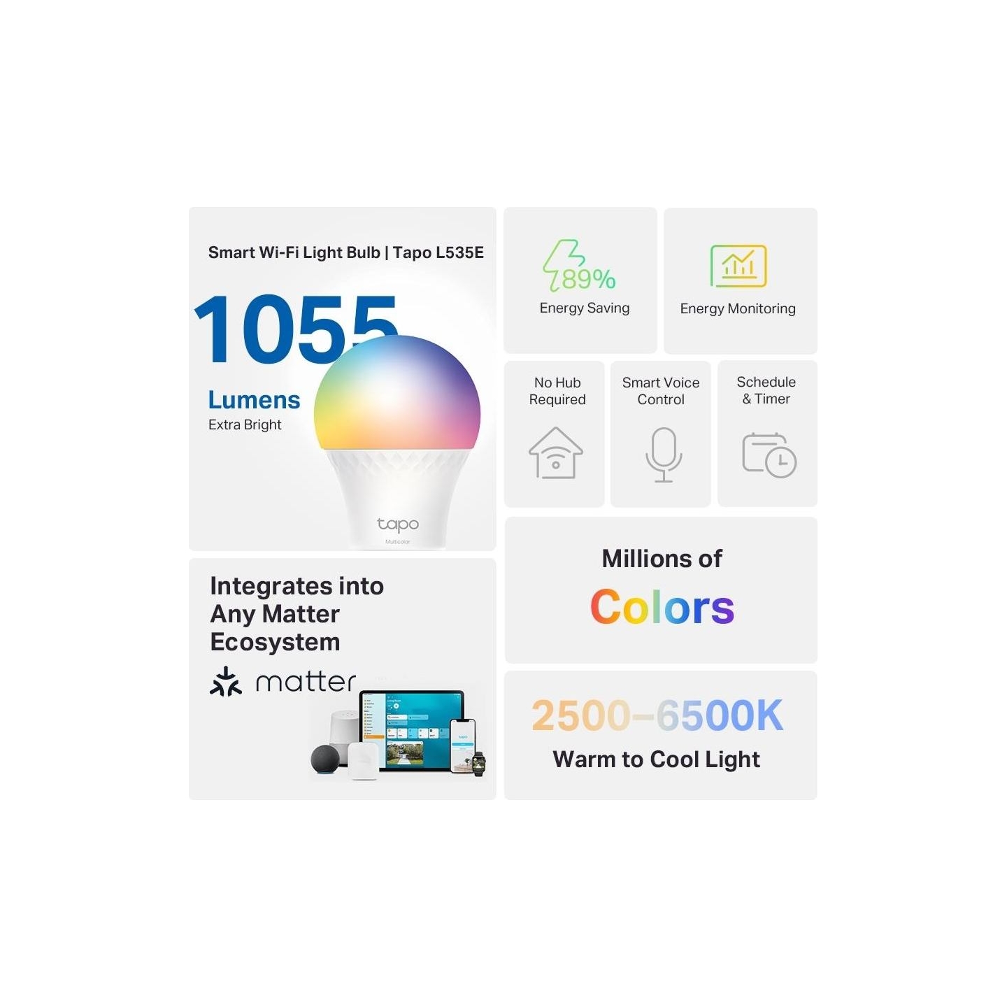 Tp-Link Smart Light Bulb|TP-LINK|Power consumption 8.6 Watts|Luminous flux 1055 Lumen|6500 K|240V|Beam angle 220 degrees|TAPOL53