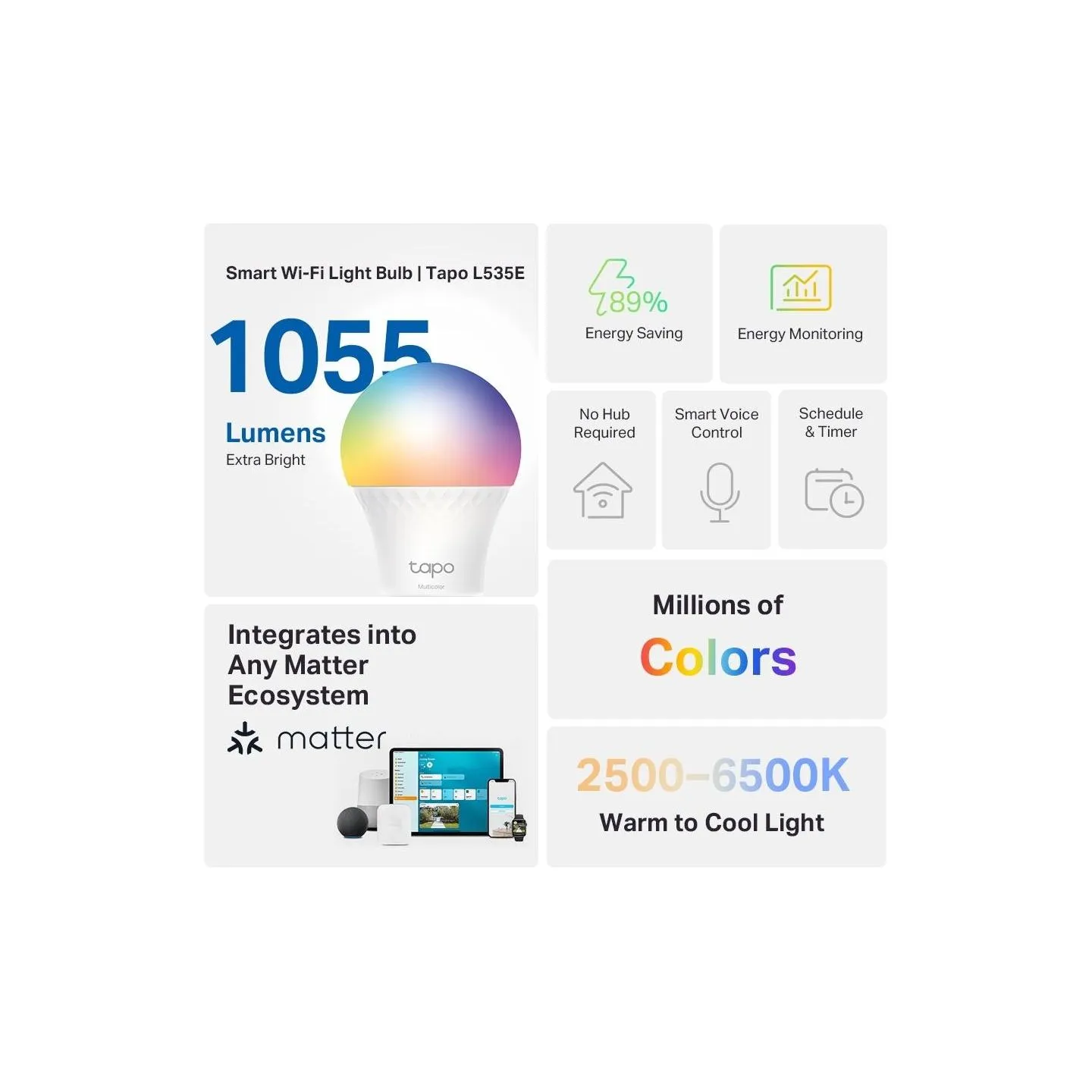Tp-Link Smart Light Bulb|TP-LINK|Power consumption 8.6 Watts|Luminous flux 1055 Lumen|6500 K|240V|Beam angle 220 degrees|TAPOL53