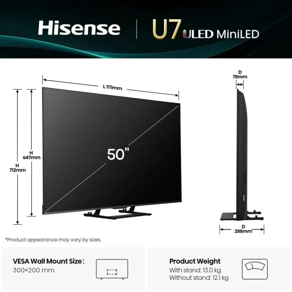 Hisense TV Set|HISENSE|50 "|4K Ultra HD|3840 x 2160 pixels|Flat|16:9|ULED|50U7Q