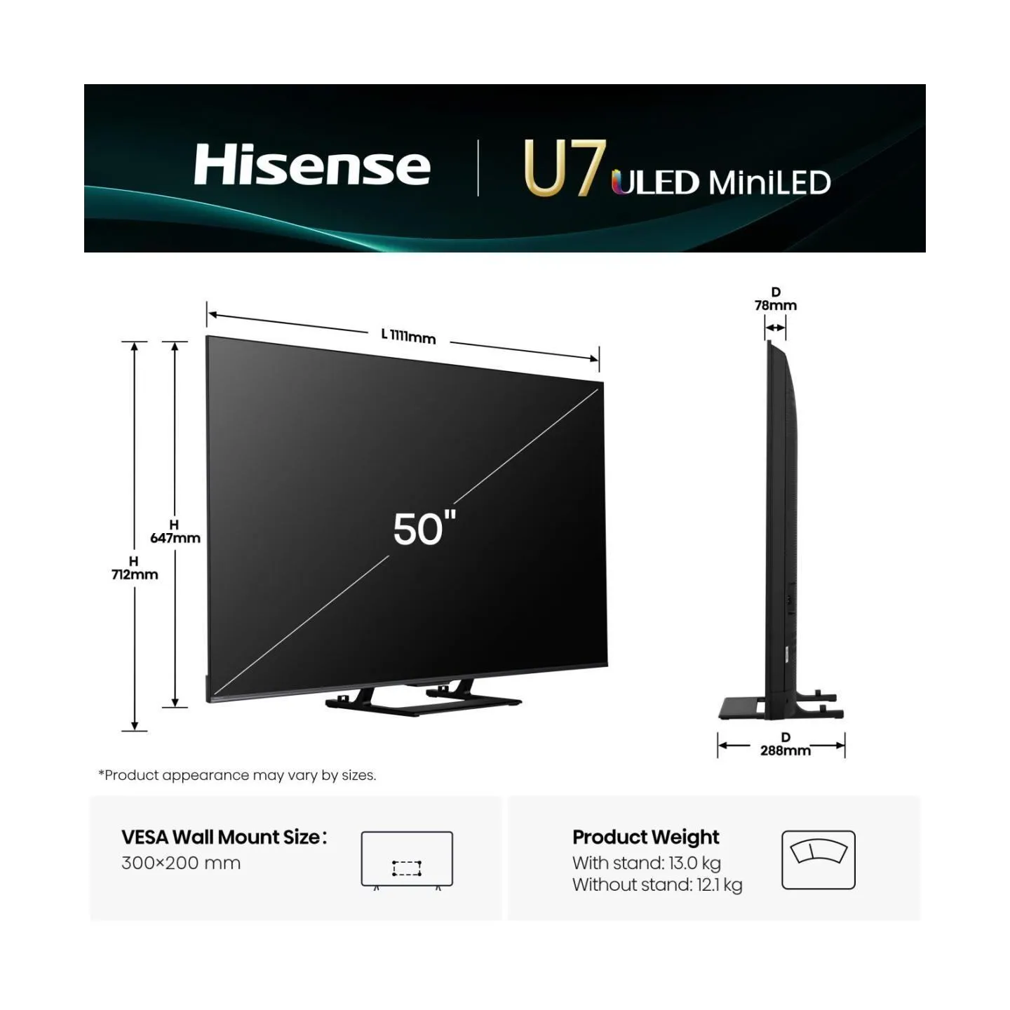 Hisense TV Set|HISENSE|50 "|4K Ultra HD|3840 x 2160 pixels|Flat|16:9|ULED|50U7Q