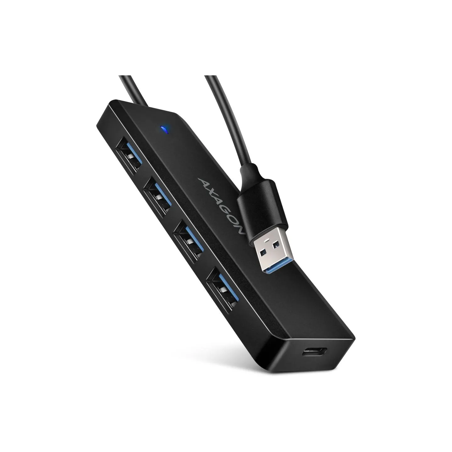 Axagon HUE-C1A 4x USB3.2 Gen 1 Travel hub, USB-C power IN, w. 20cm Type-A cable