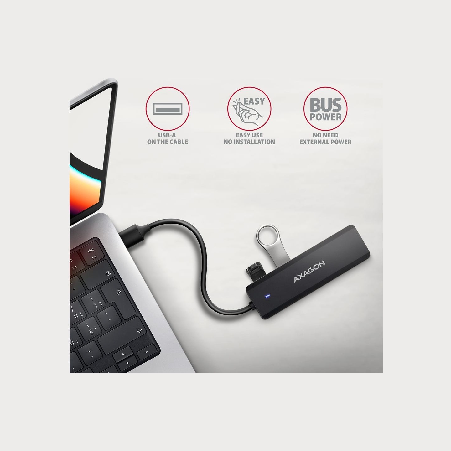 Axagon HUE-C1A 4x USB3.2 Gen 1 Travel hub, USB-C power IN, w. 20cm Type-A cable