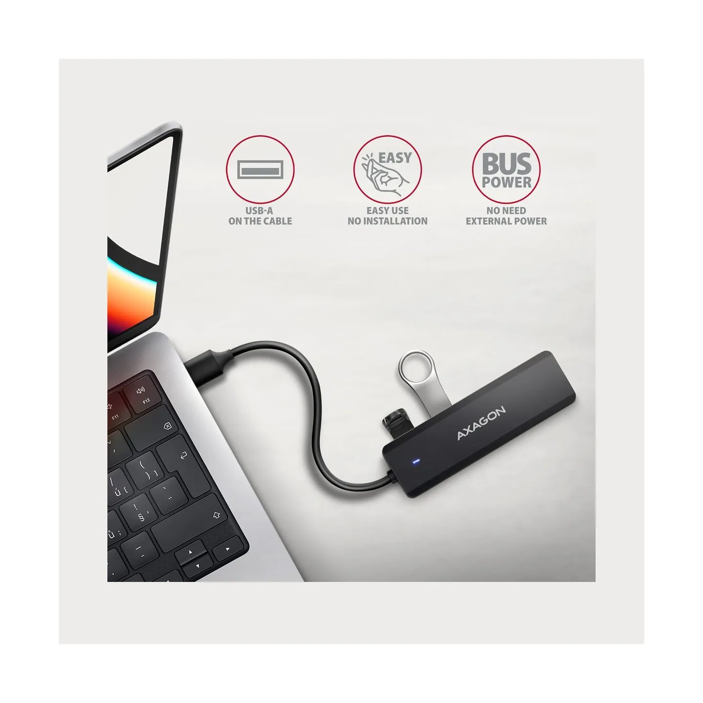 Axagon HUE-C1A 4x USB3.2 Gen 1 Travel hub, USB-C power IN, w. 20cm Type-A cable