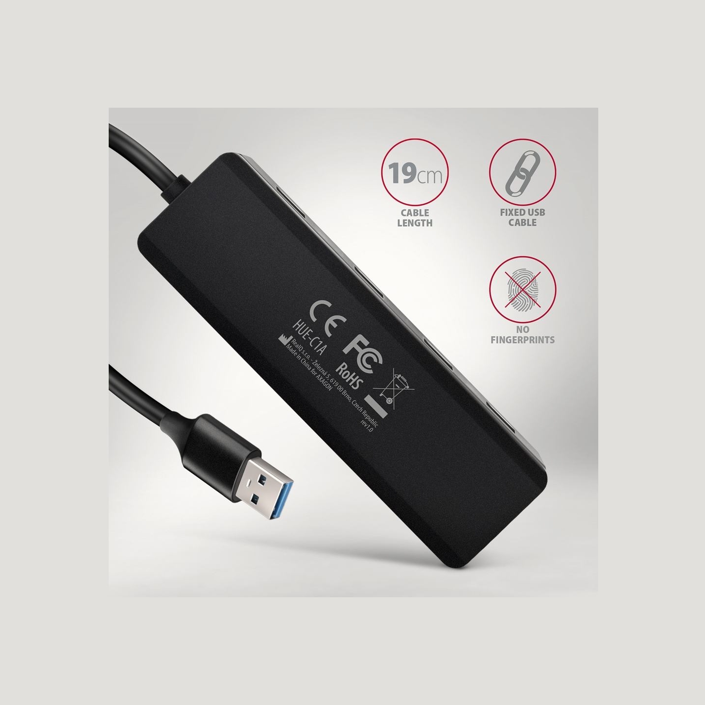 Axagon HUE-C1A 4x USB3.2 Gen 1 Travel hub, USB-C power IN, w. 20cm Type-A cable