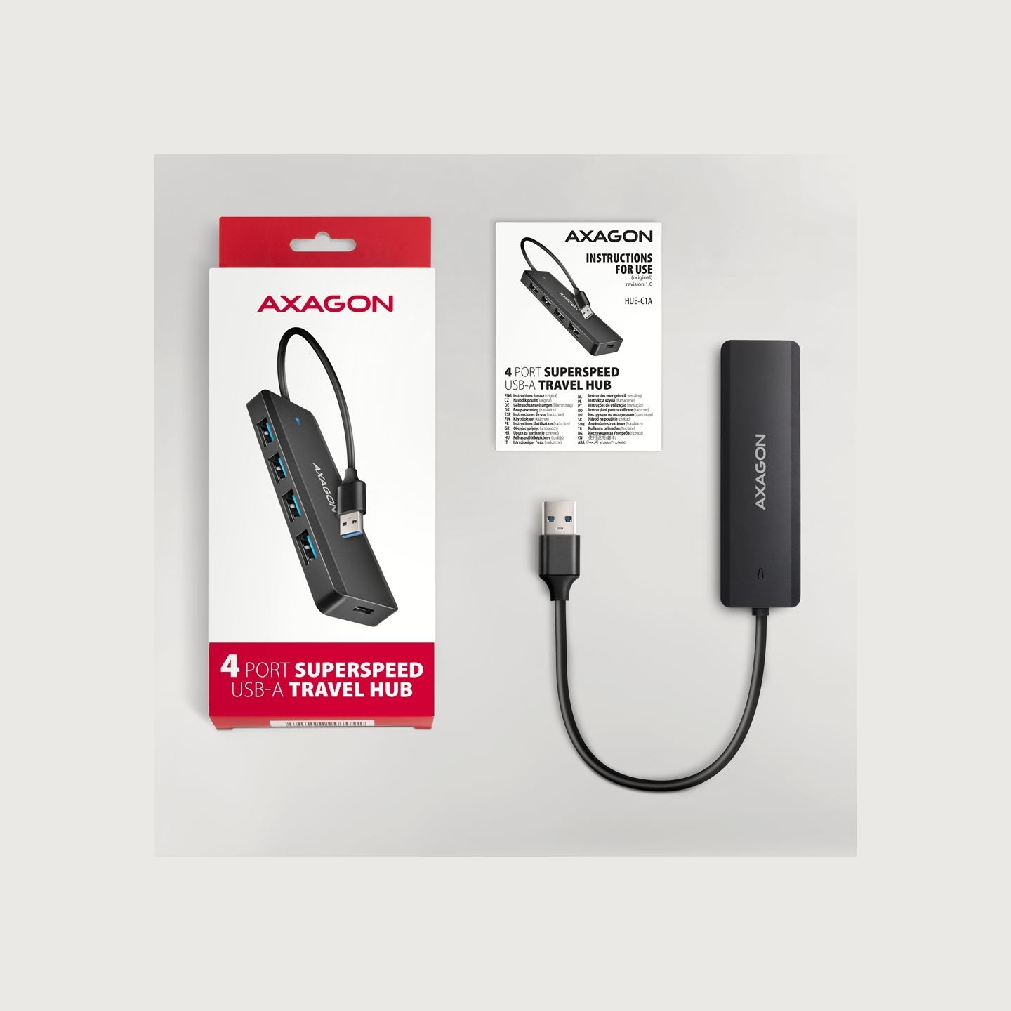 Axagon HUE-C1A 4x USB3.2 Gen 1 Travel hub, USB-C power IN, w. 20cm Type-A cable