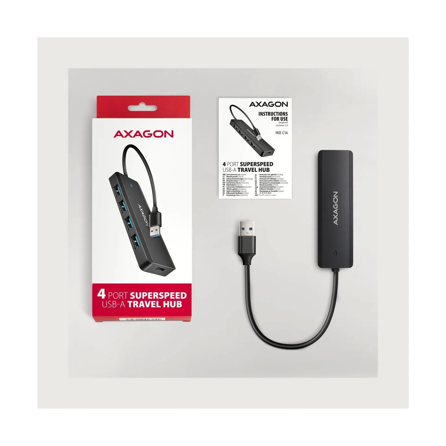 Axagon HUE-C1A 4x USB3.2 Gen 1 Travel hub, USB-C power IN, w. 20cm Type-A cable