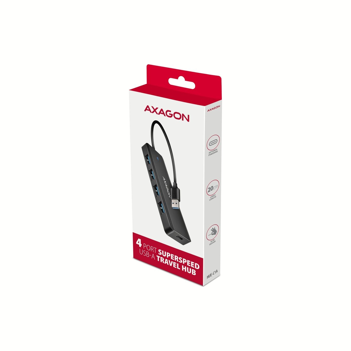 Axagon HUE-C1A 4x USB3.2 Gen 1 Travel hub, USB-C power IN, w. 20cm Type-A cable