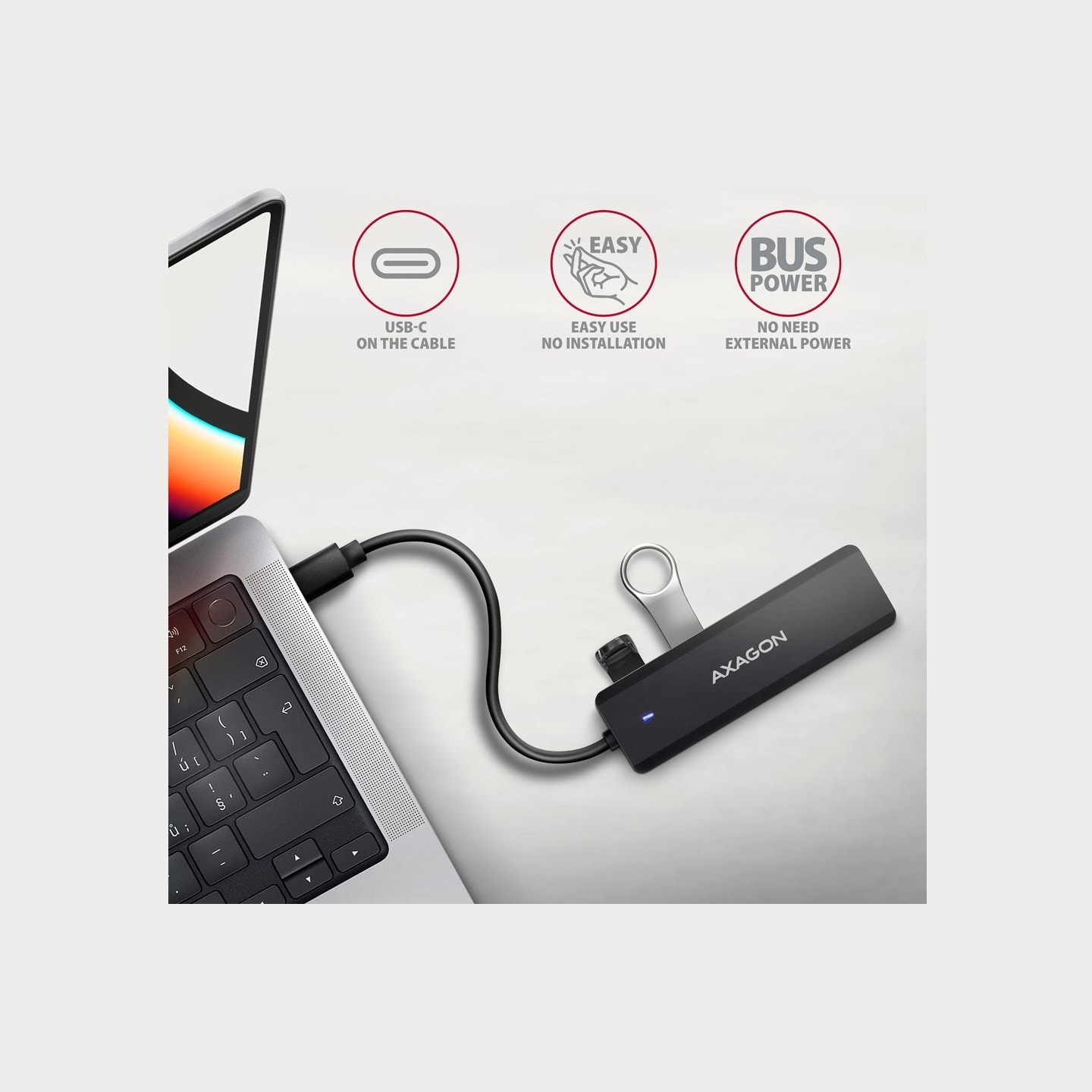 Axagon HUE-C1C 4x USB3.2 Gen 1 Travel hub, USB-C power IN, w. 20cm Type-C cable