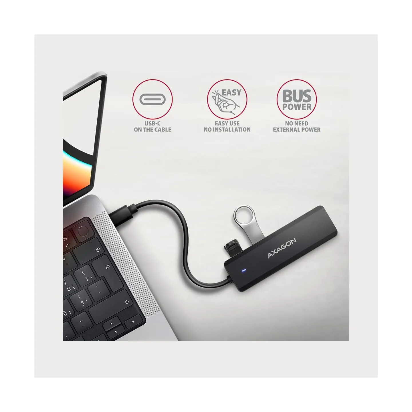 Axagon HUE-C1C 4x USB3.2 Gen 1 Travel hub, USB-C power IN, w. 20cm Type-C cable