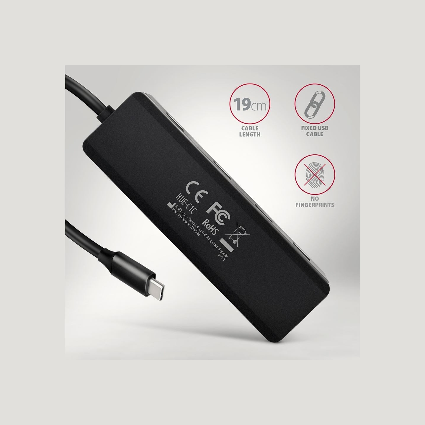 Axagon HUE-C1C 4x USB3.2 Gen 1 Travel hub, USB-C power IN, w. 20cm Type-C cable