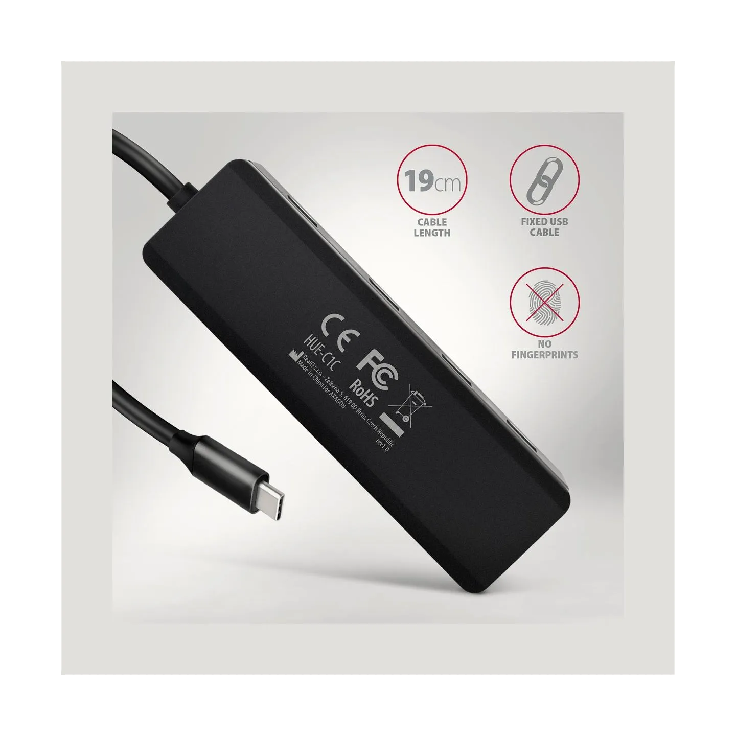 Axagon HUE-C1C 4x USB3.2 Gen 1 Travel hub, USB-C power IN, w. 20cm Type-C cable