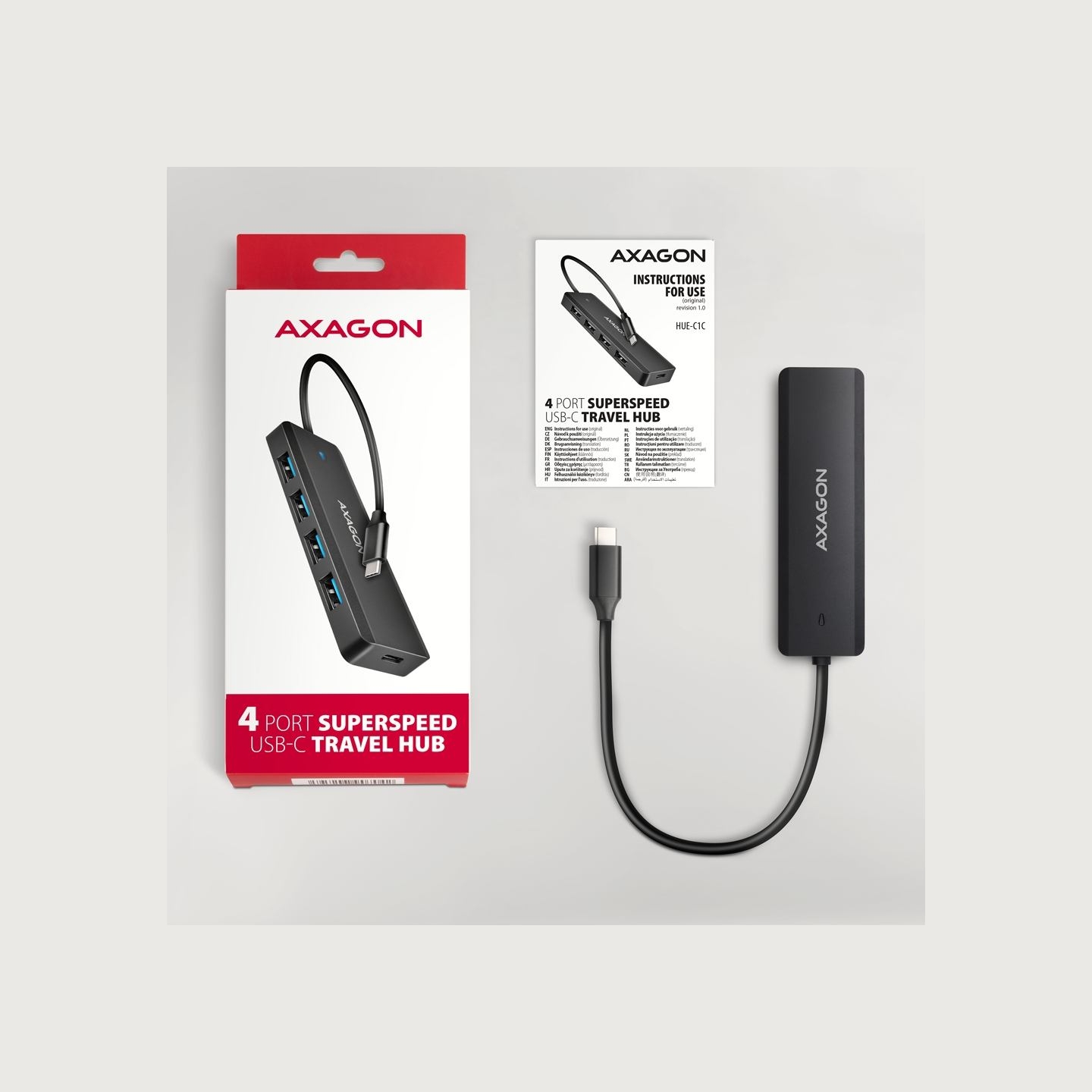 Axagon HUE-C1C 4x USB3.2 Gen 1 Travel hub, USB-C power IN, w. 20cm Type-C cable