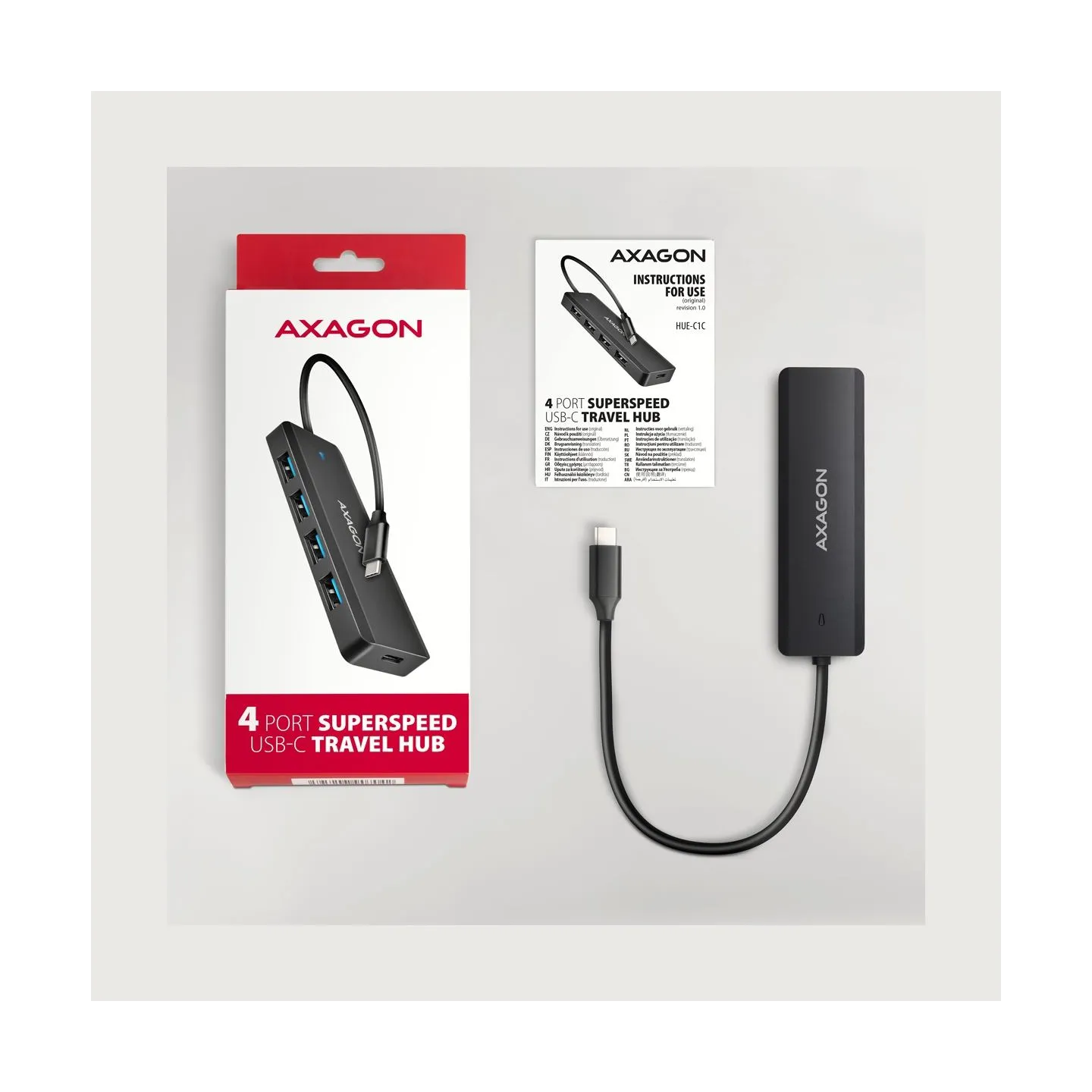 Axagon HUE-C1C 4x USB3.2 Gen 1 Travel hub, USB-C power IN, w. 20cm Type-C cable