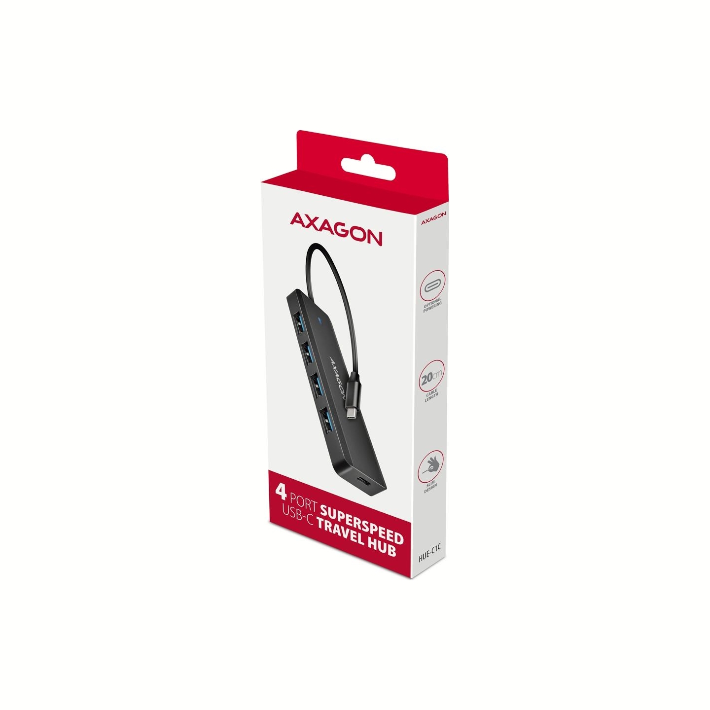 Axagon HUE-C1C 4x USB3.2 Gen 1 Travel hub, USB-C power IN, w. 20cm Type-C cable