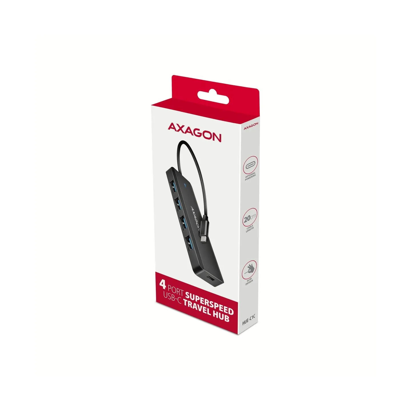Axagon HUE-C1C 4x USB3.2 Gen 1 Travel hub, USB-C power IN, w. 20cm Type-C cable
