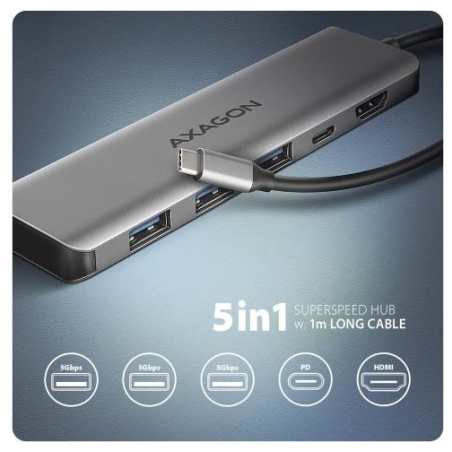 Axagon HMC-5H USB hub 5in1 5Gb ps, 3xUSB, HDMI, PD100W