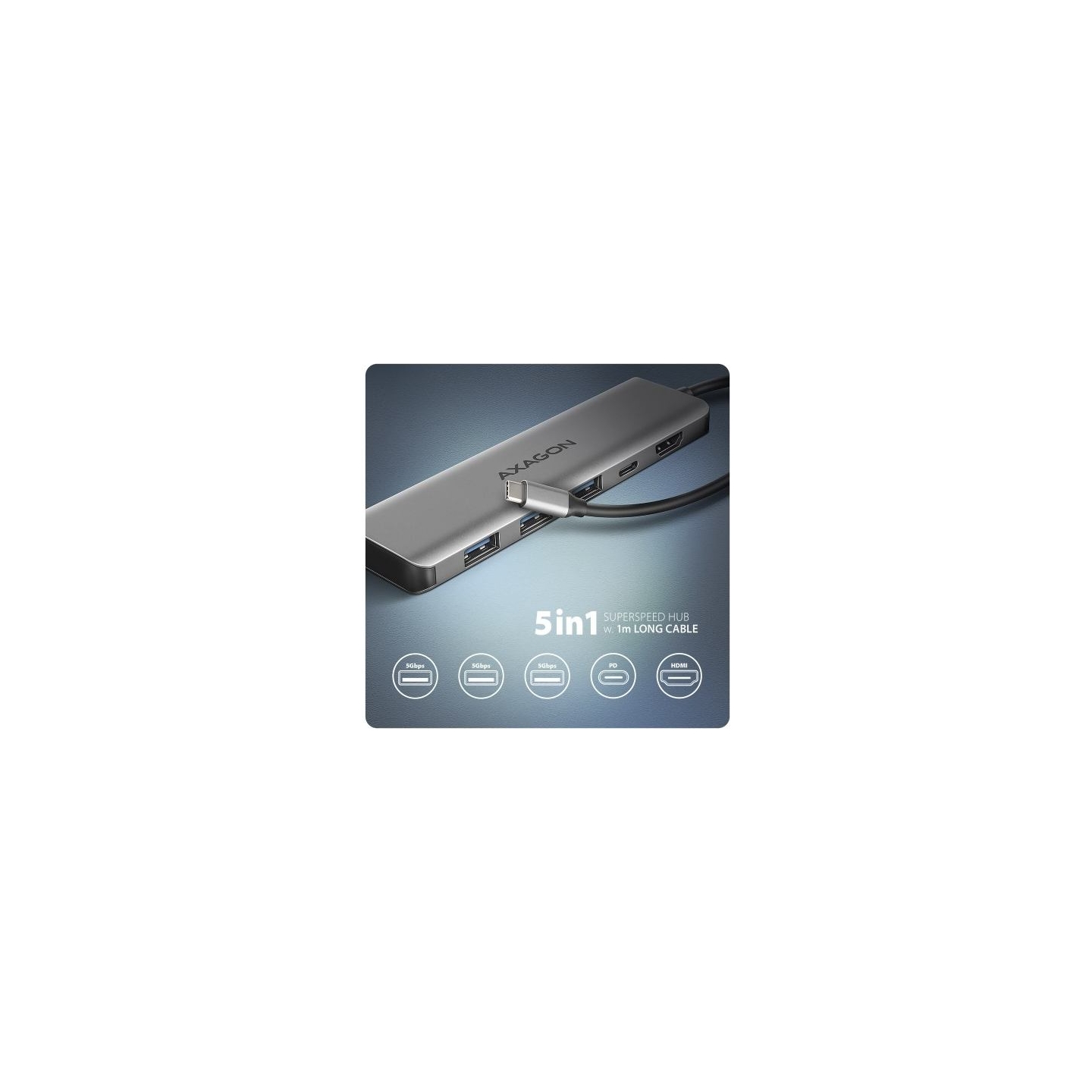 Axagon HMC-5H USB-C 3.2 Gen 1 hub, 3x USB-A, 4K HDMI, PD 100W, 100cm USB-C cable