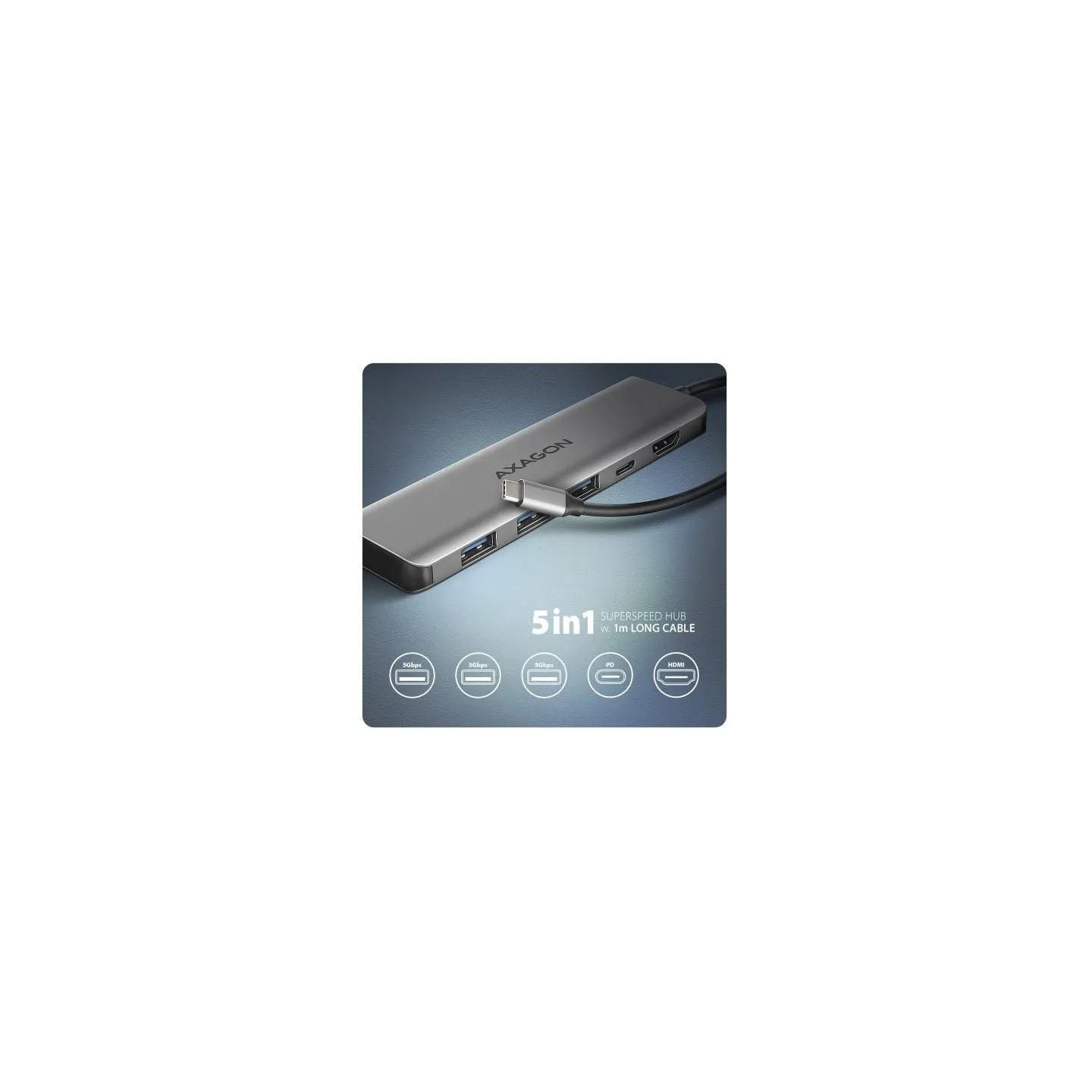 Axagon HMC-5H USB-C 3.2 Gen 1 hub, 3x USB-A, 4K HDMI, PD 100W, 100cm USB-C cable