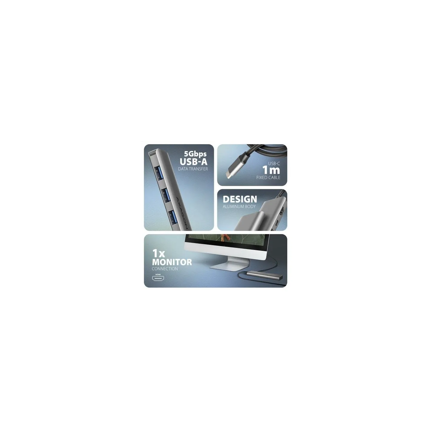 Axagon HMC-5H USB-C 3.2 Gen 1 hub, 3x USB-A, 4K HDMI, PD 100W, 100cm USB-C cable