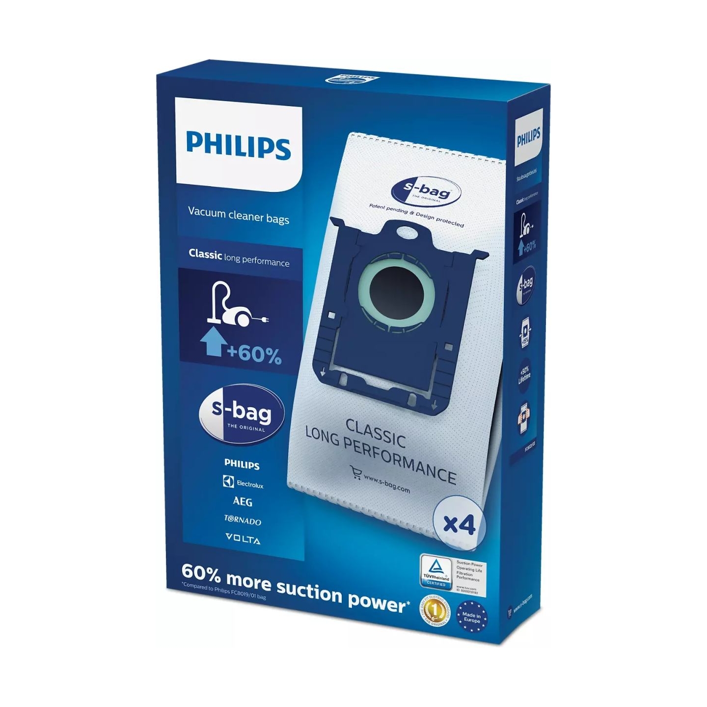 Philips s-bag Vacuum cleaner bags FC8021/03 4 x dust bags One standard fits all 50% longer lifetime 15% more capacity / FC8021/0