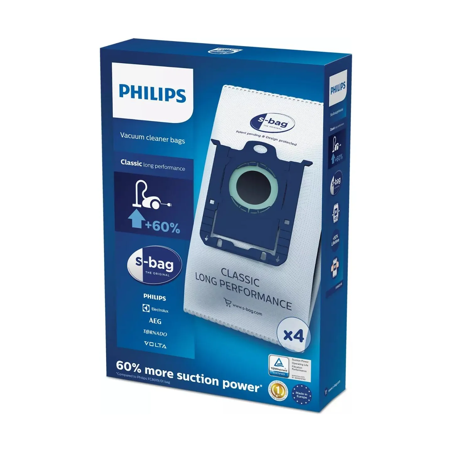 Philips s-bag Vacuum cleaner bags FC8021/03 4 x dust bags One standard fits all 50% longer lifetime 15% more capacity / FC8021/0