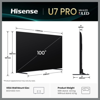Hisense TV Set|HISENSE|100 "|4K Ultra HD|3840 x 2160 pixels|Flat|16:9|ULED|100U7QPRO