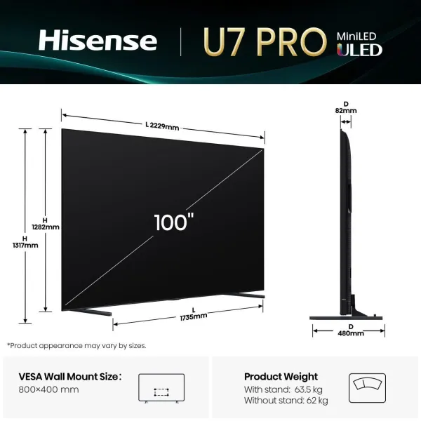 Hisense TV Set|HISENSE|100 "|4K Ultra HD|3840 x 2160 pixels|Flat|16:9|ULED|100U7QPRO