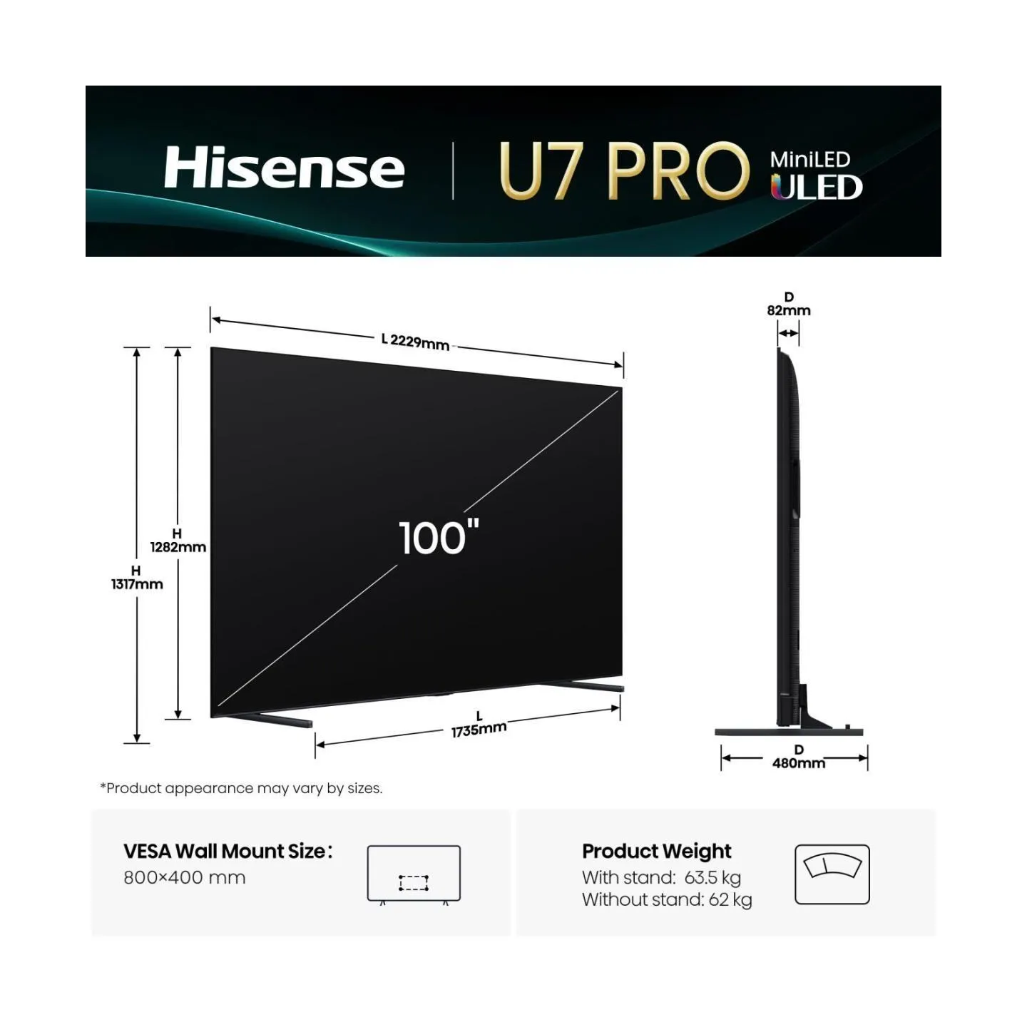 Hisense TV Set|HISENSE|100 "|4K Ultra HD|3840 x 2160 pixels|Flat|16:9|ULED|100U7QPRO